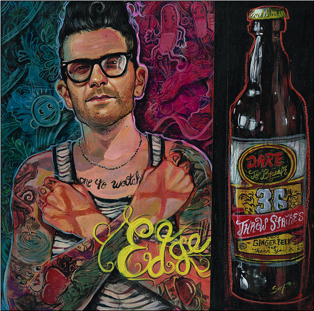 A tattooed person with glasses, arms crossed in a swirling, colorful backdrop of faces, stands next to a vintage-style Dare to Drink 35 Throw Shades Ginger Beer bottle. This vibrant acrylic on canvas by Serge Gay Jr. reflects Spoke Art Gallerys retro style.