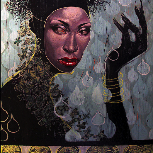 The Serge Gay Jr. style painting depicts a person with curly hair and bold makeup, holding a small tree branch. It features abstract patterns and floral designs on acrylic canvas, with the lower section showcasing stylized faces inspired by Color me Black.