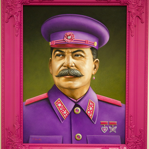 Scott Scheidlys portrait features a man in a purple military uniform with medals, set in a bright pink frame. His hat has a matching emblem, and he wears an earring. This striking acrylic on wood piece is showcased at Spoke Art Gallery.