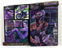 A vibrant mixed media artwork by Serge Gay Jr. features retro imagery in acrylic, depicting a woman, a motorcycle, and a lounging man with text like Misery and Im doing nights of crying, set in a predominantly purple and black color scheme with a vintage, surreal vibe.