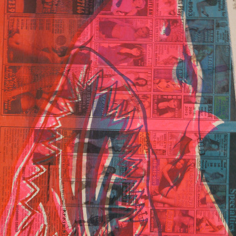 A vibrant hand-printed artwork overlays newsprint, featuring a stylized pink shark with sharp teeth. The signature style of Shark Toof is evident in the grid layout with visible text and black-and-white images beneath.