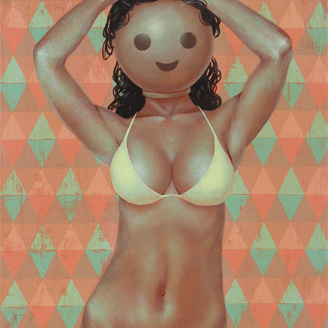 A bikini-clad figure humorously sports an emoji face with a simple smile, set against a backdrop of orange and teal triangles. This lively piece reflects the vibrant style often associated with Casey Weldon, similar to works featured at the Spoke Art Gallery.