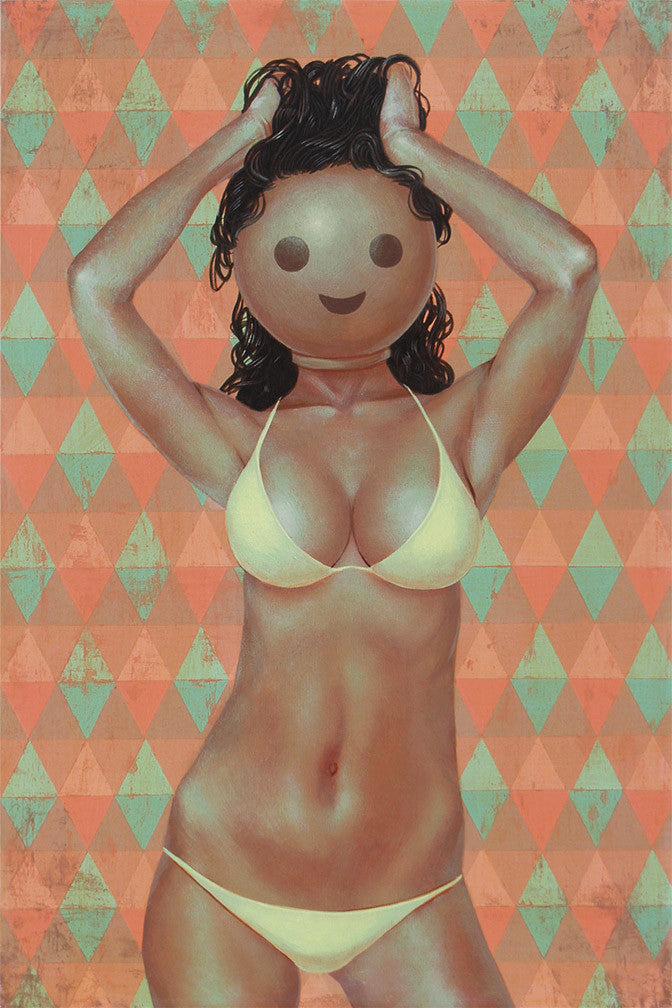 A bikini-clad figure humorously sports an emoji face with a simple smile, set against a backdrop of orange and teal triangles. This lively piece reflects the vibrant style often associated with Casey Weldon, similar to works featured at the Spoke Art Gallery.