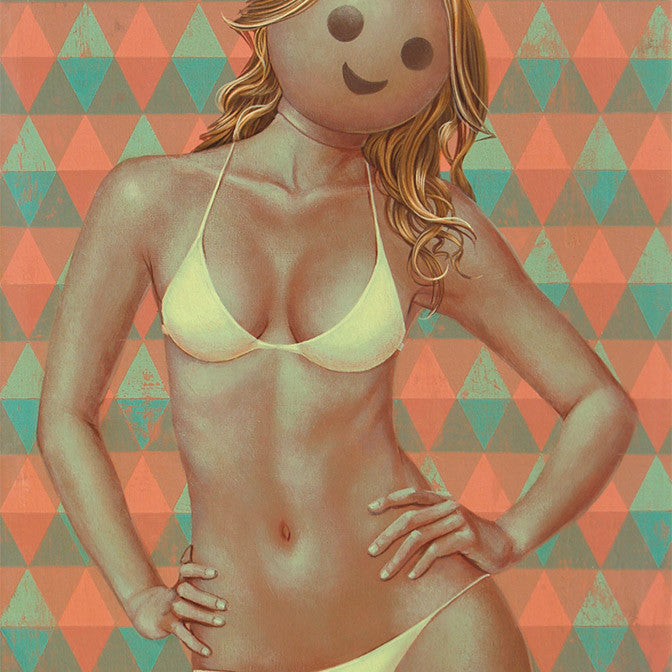 A woman in a bikini with a cartoonish smiley face for a head poses confidently against a colorful geometric background with triangles, reflecting the vibrant style of Casey Weldons artworks.