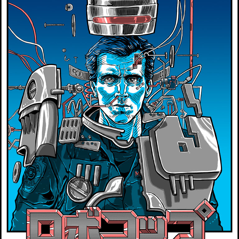 Tim Doyles print depicts a futuristic cyborg police officer with mechanical elements and wires. The background showcases circuit patterns, with Japanese characters and Robocop text at the bottom. This signed and numbered screen print features a vivid blue and red color scheme for authenticity.