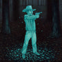 A boy in a plaid shirt and cowboy hat stands in a dark forest, aiming a toy gun. The scene, evocative of Casey Weldons style, is drenched in eerie blue-green hues amid tall trees and scattered leaves. This captivating acrylic on wood is truly an imaginative art piece for sale.