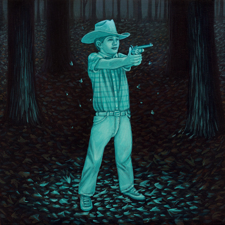 A boy in a plaid shirt and cowboy hat stands in a dark forest, aiming a toy gun. The scene, evocative of Casey Weldons style, is drenched in eerie blue-green hues amid tall trees and scattered leaves. This captivating acrylic on wood is truly an imaginative art piece for sale.