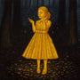 In a dark forest at night, a young girl in a glowing yellow dress stands amidst shimmering lights. She holds one near her face, creating a striking contrast between the illuminated figure and shadowy trees, reminiscent of Casey Weldons work.