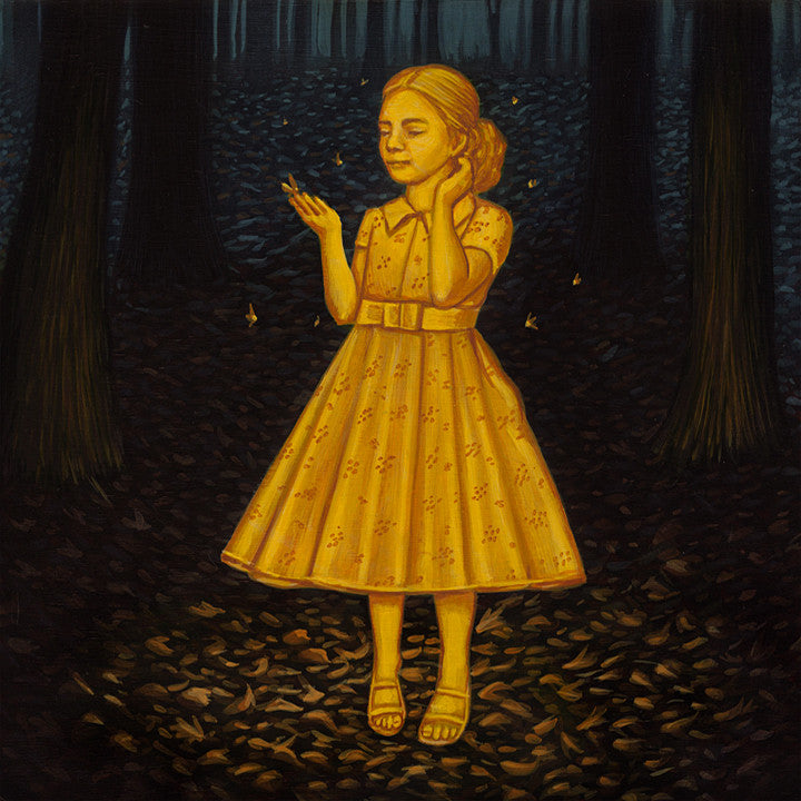 In a dark forest at night, a young girl in a glowing yellow dress stands amidst shimmering lights. She holds one near her face, creating a striking contrast between the illuminated figure and shadowy trees, reminiscent of Casey Weldons work.