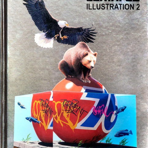 The Juxtapoz Illustration 2 cover features a bear and eagle on a graffiti-decorated red sphere, divided into panels showcasing the works of talented commercial illustrators, all set against a metallic gray background with floating fish.