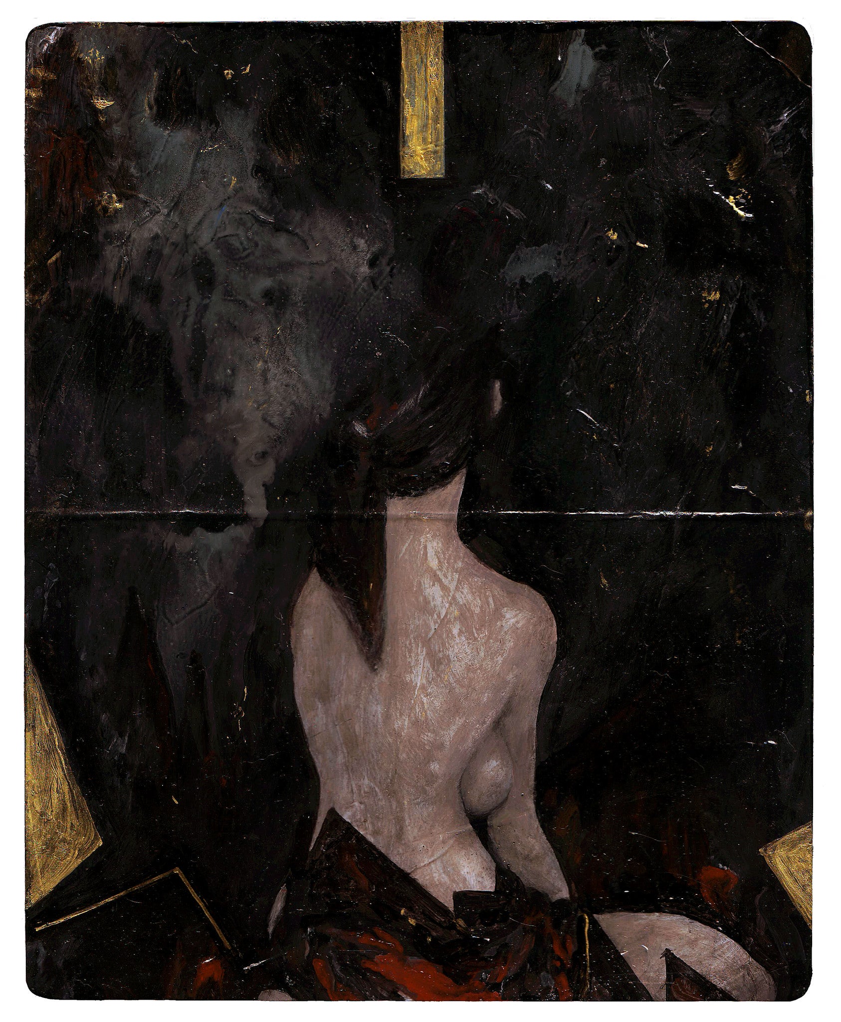 A woman sits with her back turned, illuminated against a dark backdrop with geometric gold and black elements, in Rafael Sarmentos style using oil on Moleskine.