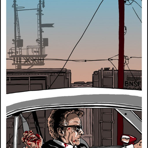 A Tim Doyle-inspired illustration depicts a man driving a red car with a bloodied hand and stern expression, featuring power poles and industrial structures against a sky that transitions from blue to orange, evoking the intensity of Mr. Oranges scenes.