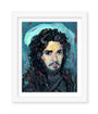 A stylized Rich Pellegrino-inspired portrait shows a man with long, curly hair and a beard set against an abstract blue and green backdrop. Dressed in dark attire with red hints, the pieces textured brushstrokes capture the essence of Lord of the Thrones art.