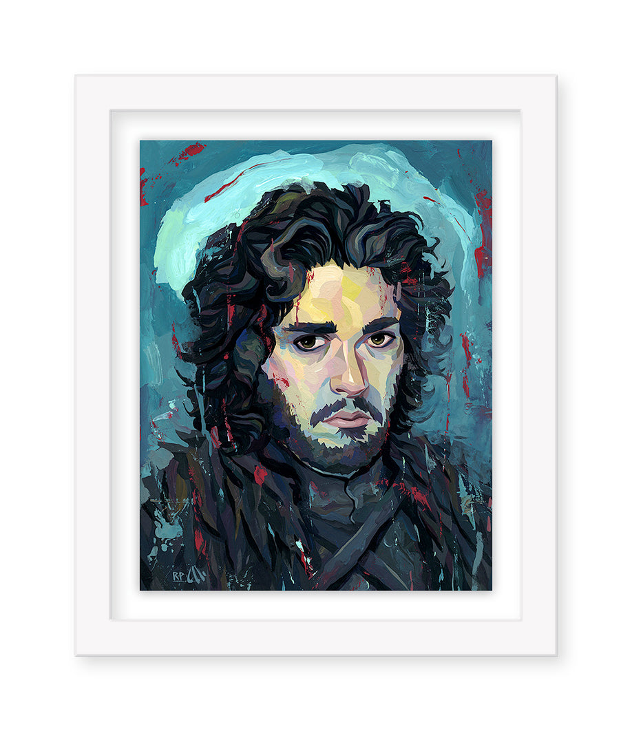 A stylized Rich Pellegrino-inspired portrait shows a man with long, curly hair and a beard set against an abstract blue and green backdrop. Dressed in dark attire with red hints, the pieces textured brushstrokes capture the essence of Lord of the Thrones art.