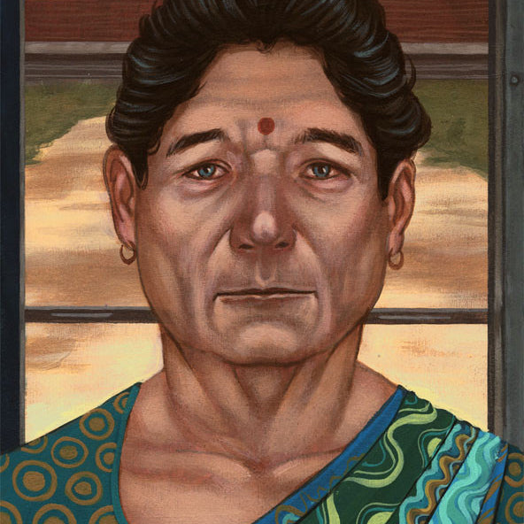 A Casey Weldon-inspired portrait shows a person with short dark hair and a red bindi, dressed in a green and turquoise patterned outfit. They wear large hoop earrings, exuding calmness against a backdrop featuring blue and brown patterned window details.