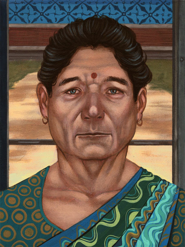 A Casey Weldon-inspired portrait shows a person with short dark hair and a red bindi, dressed in a green and turquoise patterned outfit. They wear large hoop earrings, exuding calmness against a backdrop featuring blue and brown patterned window details.