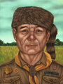 A Murray Time series portrait by Casey Weldon features a figure in a coonskin cap and brown scouting uniform. Among trees, the character displays a Field Mate badge, various insignia, and a yellow scarf, all crafted in acrylic on panel.