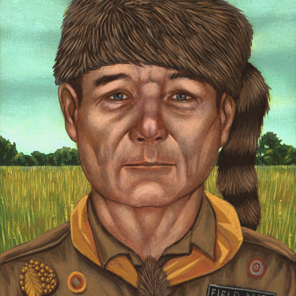 A Murray Time series portrait by Casey Weldon features a figure in a coonskin cap and brown scouting uniform. Among trees, the character displays a Field Mate badge, various insignia, and a yellow scarf, all crafted in acrylic on panel.