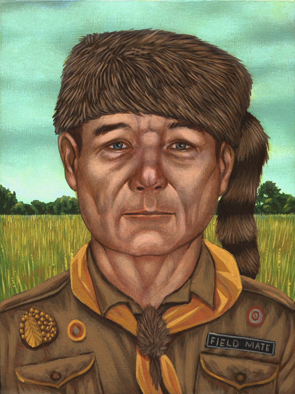 A Murray Time series portrait by Casey Weldon features a figure in a coonskin cap and brown scouting uniform. Among trees, the character displays a Field Mate badge, various insignia, and a yellow scarf, all crafted in acrylic on panel.