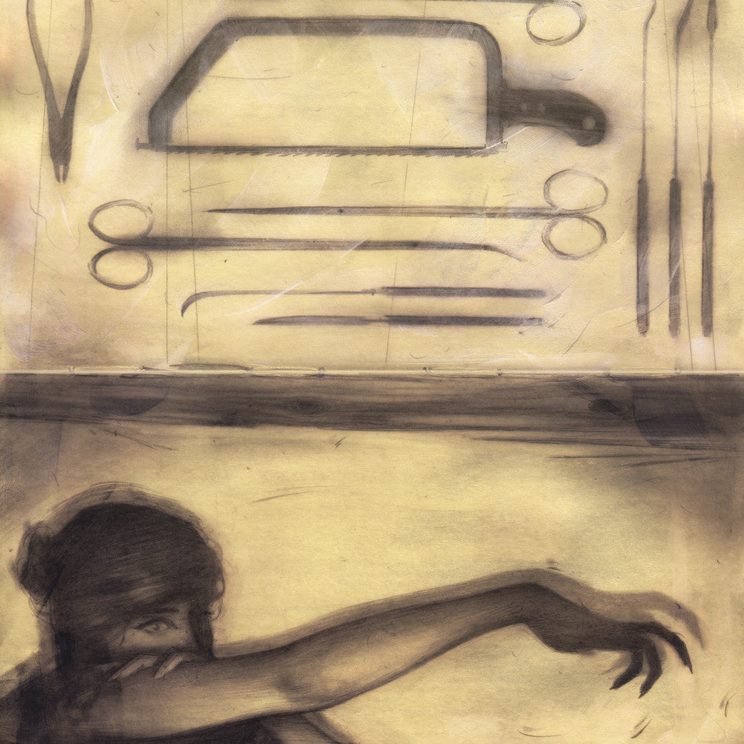 Inspired by Sam Wolfe Connelly, an illustration depicts surgical tools on a table—scissors, scalpel, and forceps. Below, a shadowy arm reaches out, adding mystery against a muted sepia backdrop reminiscent of a haunting Moleskine sketch brought to life with mixed media.