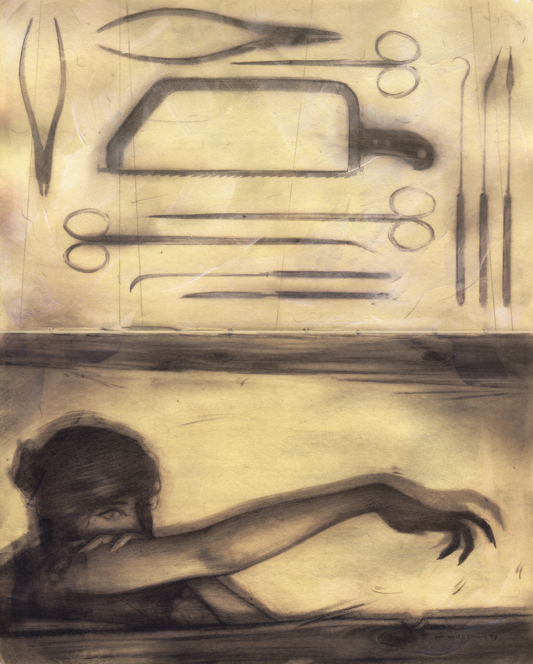 Inspired by Sam Wolfe Connelly, an illustration depicts surgical tools on a table—scissors, scalpel, and forceps. Below, a shadowy arm reaches out, adding mystery against a muted sepia backdrop reminiscent of a haunting Moleskine sketch brought to life with mixed media.
