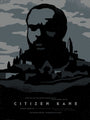 This limited edition silk screen print by Sam Smith of Citizen Kane depicts a large, shadowy face over a dark mansion with imposing towers. The textured sky adds depth, complemented by text below announcing a special film screening at the Castro Theatre.