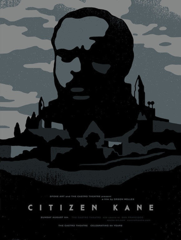 This limited edition silk screen print by Sam Smith of Citizen Kane depicts a large, shadowy face over a dark mansion with imposing towers. The textured sky adds depth, complemented by text below announcing a special film screening at the Castro Theatre.