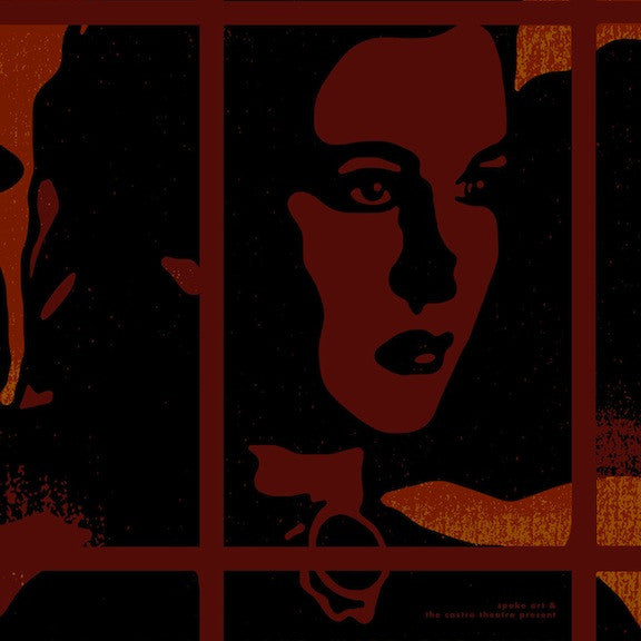Sam Smiths silk screen print for Gone with the Wind features an abstract womans face in dark red and orange, elegantly highlighting the Castro Theatre details at the bottom.