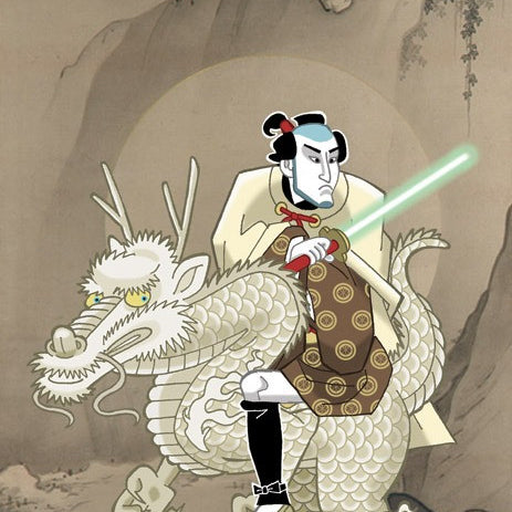 A samurai-like figure, in Steve Bialiks art style, rides a white dragon in spacewalker fashion while wielding a glowing green sword. Mountains form the backdrop, with red kanji and ninja stars adorning the top corners. Brand: Ninja Star Wars.