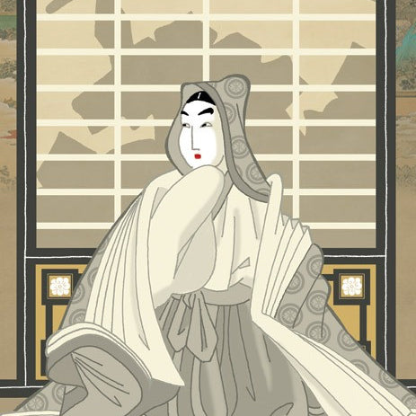A stylized illustration of a traditional Japanese theater performer, dressed in elaborate robes, reminiscent of Invasion of the Death Palace, by Ninja Star Wars. They pose gracefully against a shoji screen backdrop with shadowy silhouettes and panels hinting at hidden ninja star motifs.
