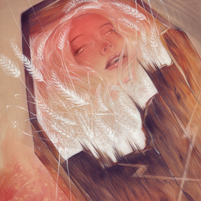 Sam Wolfe Connellys artwork features a person with long hair in a pine box, eyes closed, surrounded by white wisps. The piece uses colored pencil accents and acrylic washes with warm, swirling colors for an ethereal and dreamlike feel.
