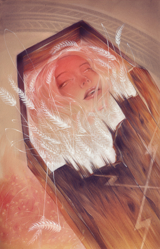 Sam Wolfe Connellys artwork features a person with long hair in a pine box, eyes closed, surrounded by white wisps. The piece uses colored pencil accents and acrylic washes with warm, swirling colors for an ethereal and dreamlike feel.
