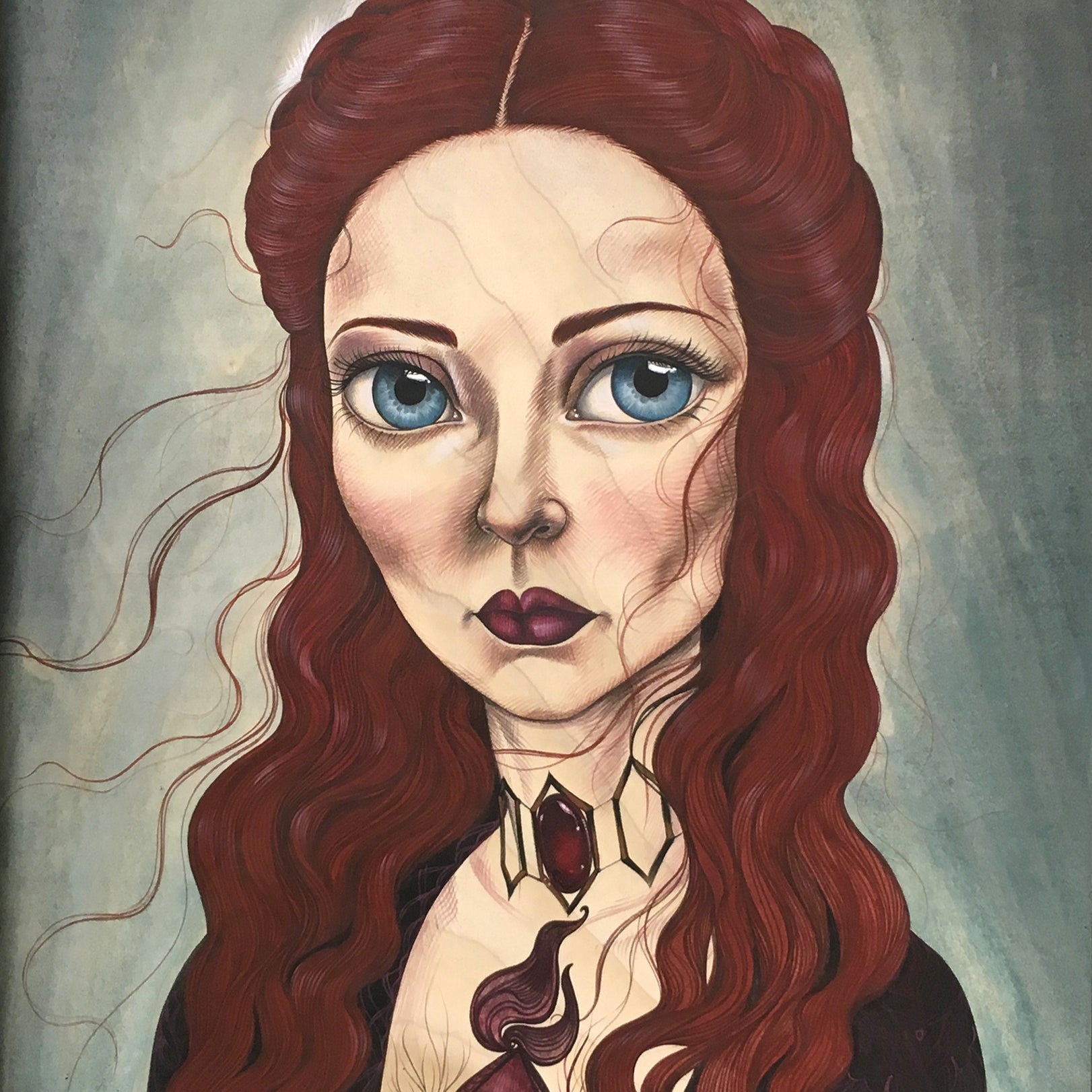 A surreal portrait by Sandi Calistro, this artwork features a Melisandre-inspired woman with long red hair and large blue eyes. Her chest shows a heart and veins, against muted blues and grays, enhancing its dreamlike quality—ideal for any Spoke Art gallery display.