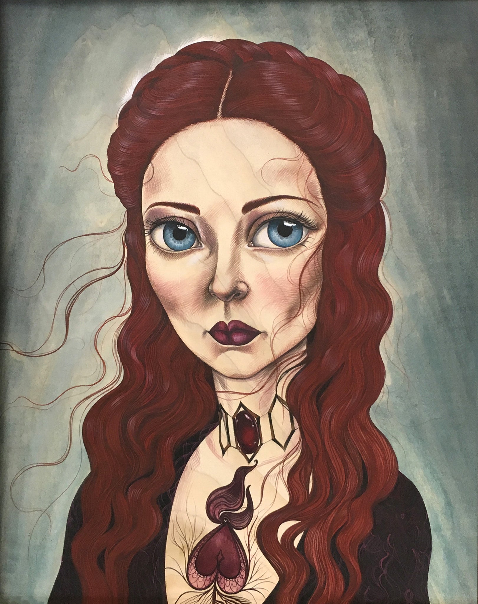 A surreal portrait by Sandi Calistro, this artwork features a Melisandre-inspired woman with long red hair and large blue eyes. Her chest shows a heart and veins, against muted blues and grays, enhancing its dreamlike quality—ideal for any Spoke Art gallery display.