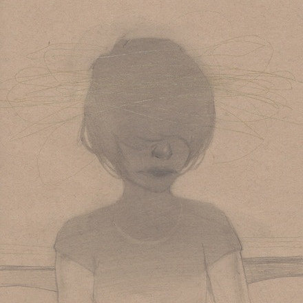 A sketch in the style of Sam Wolfe Connelly depicts a person with indistinct facial features surrounded by scribbles. The seated figure, against a plain backdrop, evokes the simple charm of a coffee shop on brown paper.