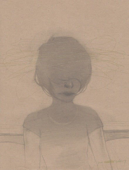 A sketch in the style of Sam Wolfe Connelly depicts a person with indistinct facial features surrounded by scribbles. The seated figure, against a plain backdrop, evokes the simple charm of a coffee shop on brown paper.
