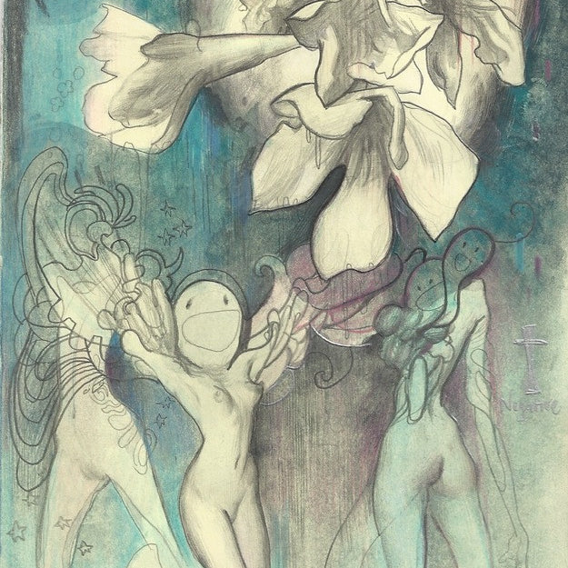 Rod Luffs art piece showcases ethereal winged figures and a large flower amid a blue and green backdrop adorned with stars and crosses. Its dreamlike, whimsical composition features flowing lines and soft shading, epitomizing the marvels of Spoke Art.