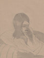 A young girl with long hair is shown in this graphite on paper artwork, created in the style of Sam Wolfe Connelly. She sits peacefully with eyes closed, enveloped in a light blanket and leaning against striped cushions.