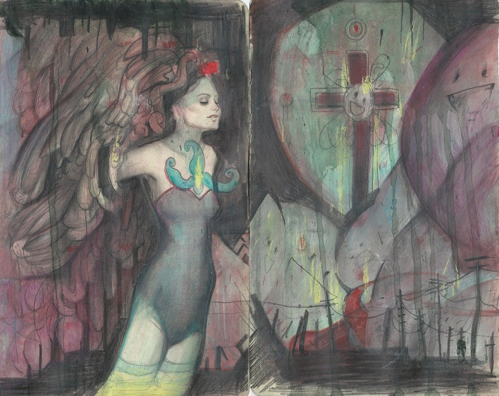 A surreal painting in Rod Luffs style features a woman with angelic wings and closed eyes, dressed colorfully. To the right, abstract shapes and crosses form a dreamlike, muted background, blending spirituality and fantasy beautifully.