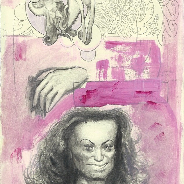 Created by Rod Luff, this surreal art piece features a womans face with long hair on a pink background, an artistic hand depiction, swirling patterns, and large teeth.