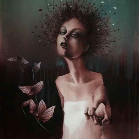 A surreal Craww portrait of a woman with an elongated neck in a white dress, her hair adorned with flowers. Butterflies hover by her outstretched hand against a dark acrylic and graphite abstract backdrop.