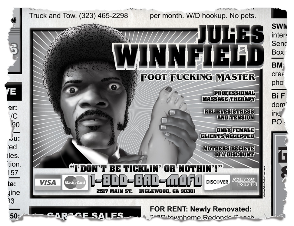 A black and white flyer features a stylized cartoon of a man with an afro holding a foot, promoting Jules Winnfield as a Foot Fucking Master. This limited edition giclee print by Darin Shock is signed and numbered. Enjoy stress relief offers, new client discounts, and flexible payment options.