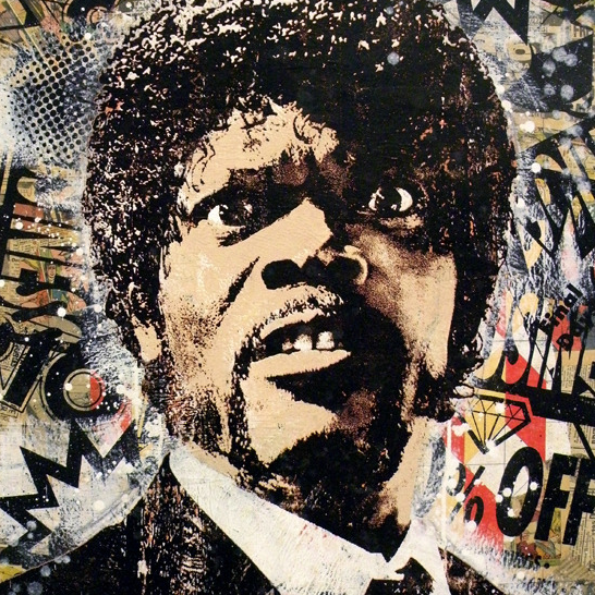 A vibrant graffiti-inspired portrait of a man with expressive eyes and curly hair by Greg Gossel, featuring bold colors, textures, and abstract shapes like stars and exclamation marks. This exclusive piece is signed and numbered.