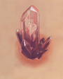 Sam Wolfe Connellys artwork showcases a pink faceted crystal with pointed shards encircling a translucent tooth, set against a warm peach background. Crafted with acrylic and colored pencil, this masterpiece captures intricate beauty.
