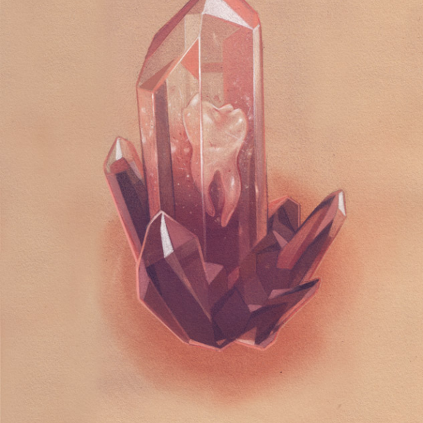 Sam Wolfe Connellys artwork showcases a pink faceted crystal with pointed shards encircling a translucent tooth, set against a warm peach background. Crafted with acrylic and colored pencil, this masterpiece captures intricate beauty.