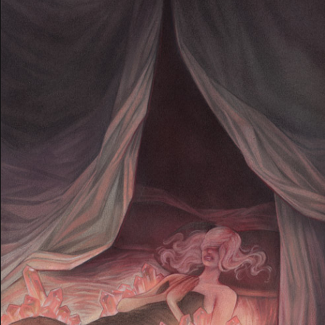 A mysterious figure with long hair reclines among glowing crystals and draped fabric on BFK Rives paper, creating a dreamlike atmosphere. Illuminated in pink and purple hues, the scene captures the signature allure of Sam Wolfe Connellys artistry.