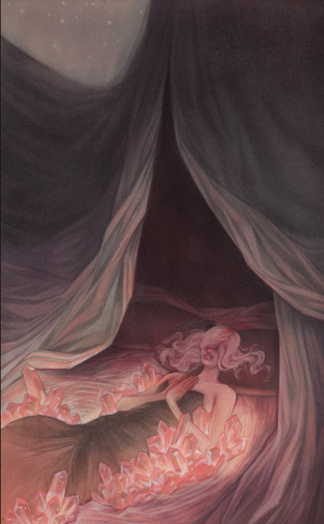 A mysterious figure with long hair reclines among glowing crystals and draped fabric on BFK Rives paper, creating a dreamlike atmosphere. Illuminated in pink and purple hues, the scene captures the signature allure of Sam Wolfe Connellys artistry.