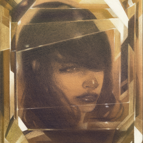 This Giclee print from Sam Wolfe Connelly features a woman with long hair partly covering her face within a faceted gemstone. Rendered in warm sepia tones, it captures the texture and depth of the gemstone and the womans serene expression.