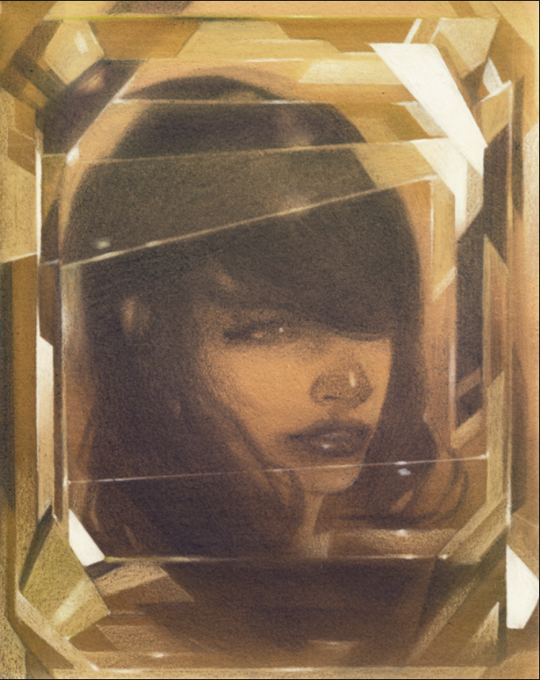 This Giclee print from Sam Wolfe Connelly features a woman with long hair partly covering her face within a faceted gemstone. Rendered in warm sepia tones, it captures the texture and depth of the gemstone and the womans serene expression.