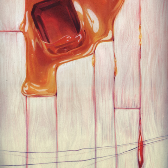 Sam Wolfe Connellys abstract artwork features a large red gemstone set in thick amber resin, reminiscent of acrylic brushstrokes on wood. The resin drips vertically against a backdrop of white and beige shades.